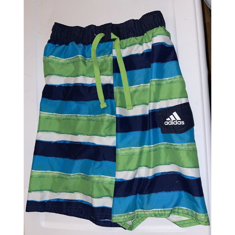Youth Medium Adidas Lined Swim Trunks Striped Blue/Green Shorts